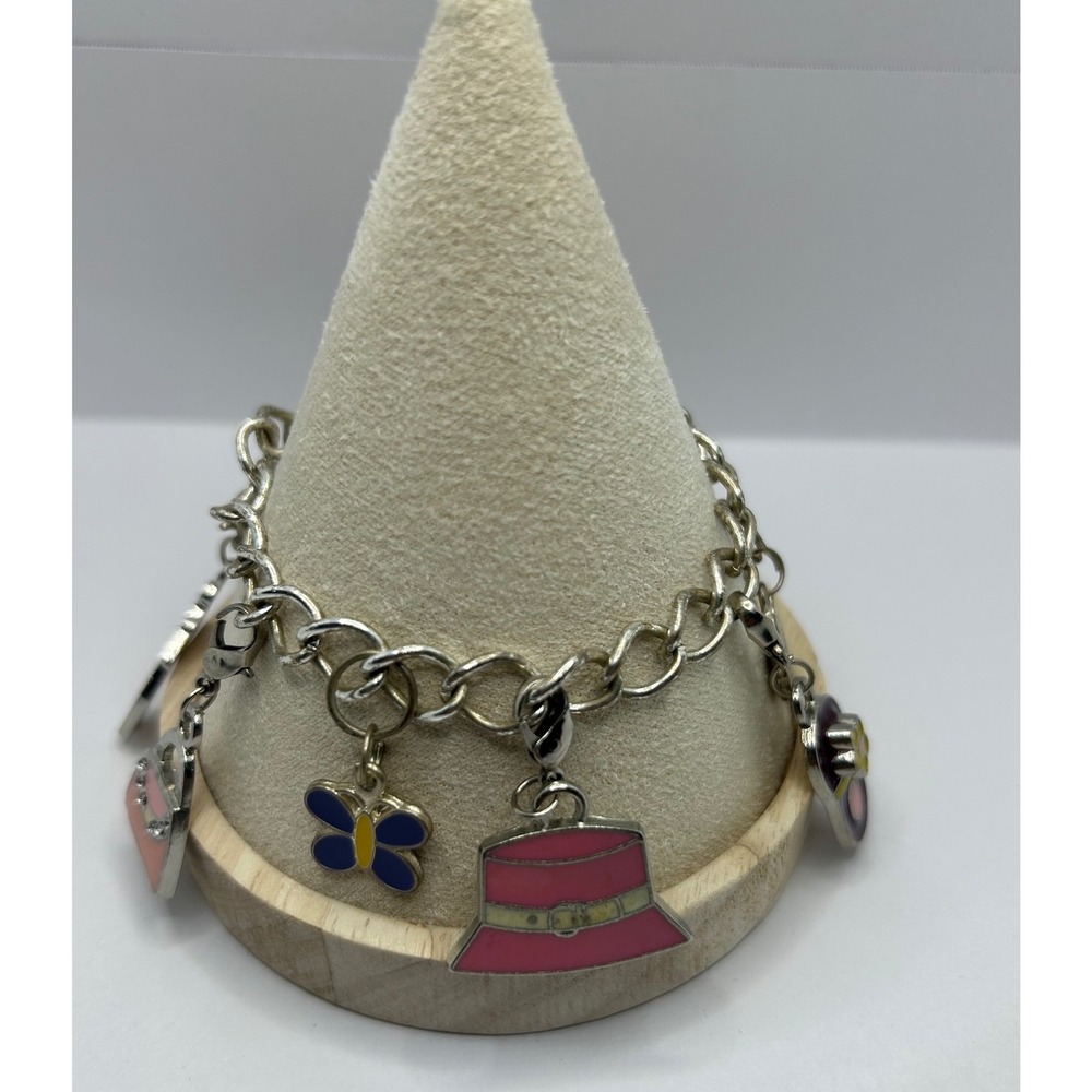 Charm Bracelet Silver Pink Enamel Fashion Theme Y2K Umbrella‎ Lipstick Hat 6.75"